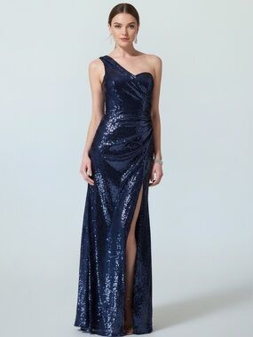 Cache Navy Blue Sequin Formal Gown Maxi Dress with Slit 4